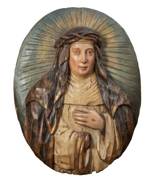 Santa Rosa de Lima.Relieve de madera de pino tallada, pol