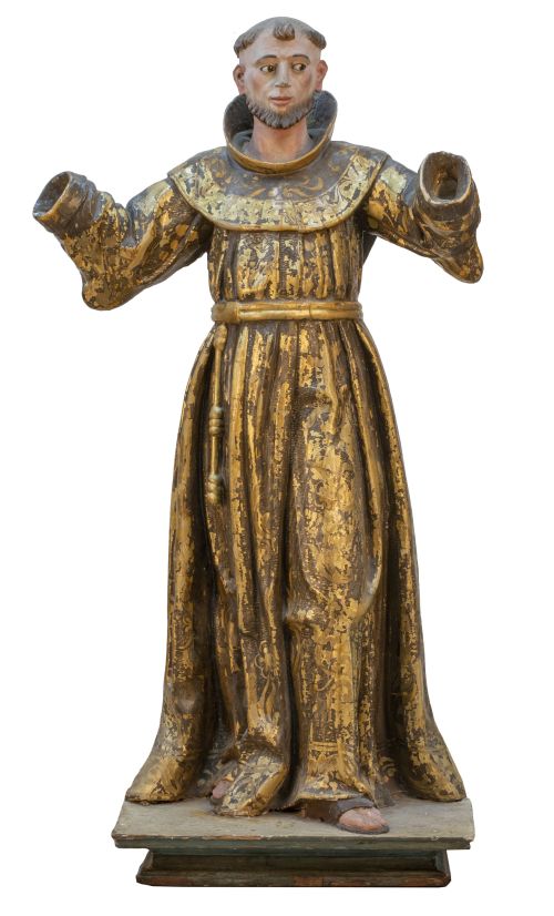 ⁠San Francisco de Asís.Escultura en madera tallada, polic