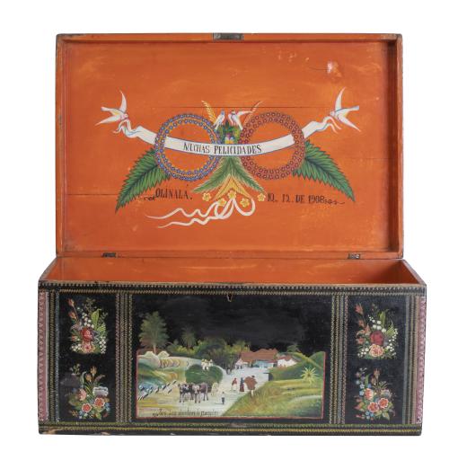 Caja de madera lacada con decoración de escenas de campo, m