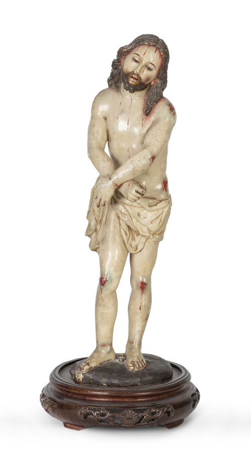 Cristo atado a la columna.Escultura de madera tallada y p