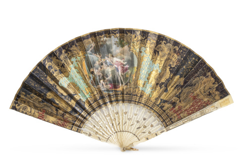 Abanico con país de papel, litografiado y dorado, con padro