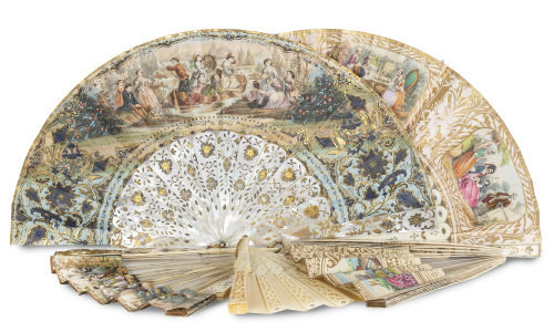 Lote de cinco abanicos: papel pintado, iluminado y dorado c