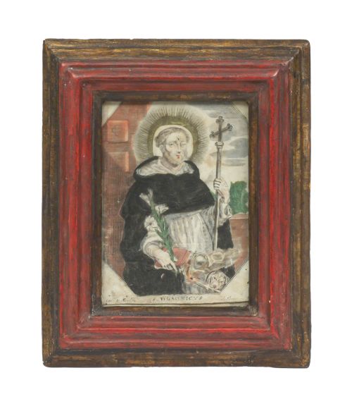 Santo Domingo.Con marco de madera tallada y policromada d