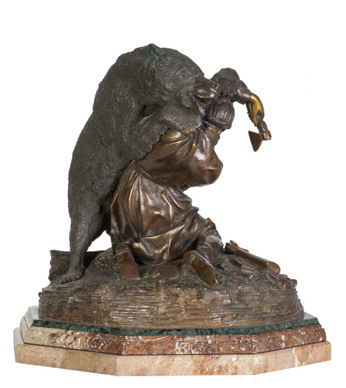 Lucha con un oso. Grupo escultórico de bronce, sobre pean