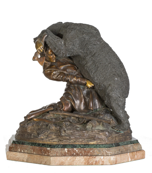 Lucha con un oso. Grupo escultórico de bronce, sobre pean