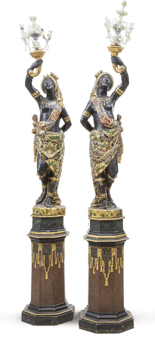 Pareja de Blackamoores de madera tallada, policromada y dor