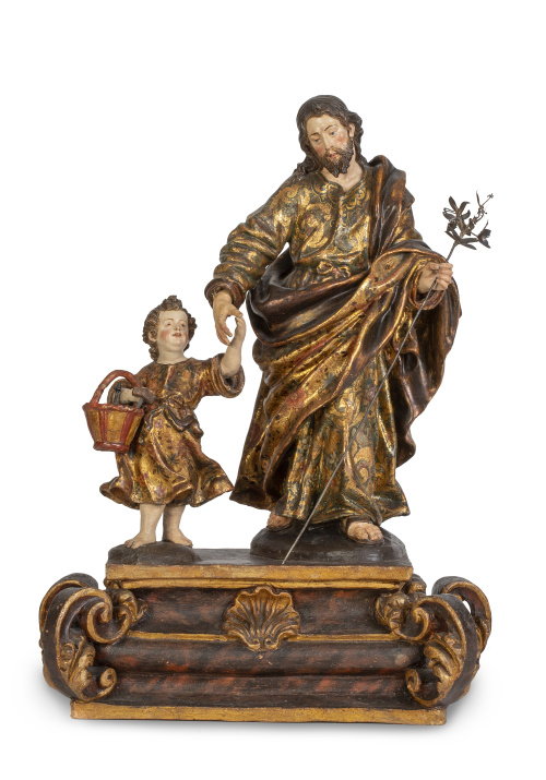 San José y el Niño.Grupo de barro cocido, policromado y d