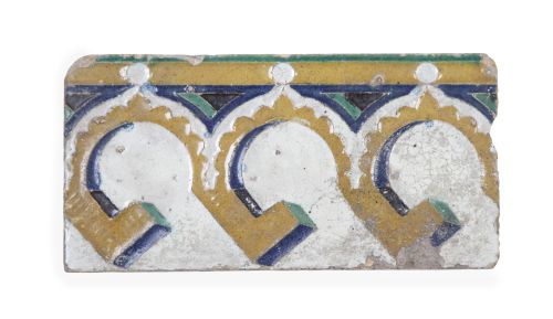 Azulejo de cerámica esmaltada en melado, verde y azul.Sev