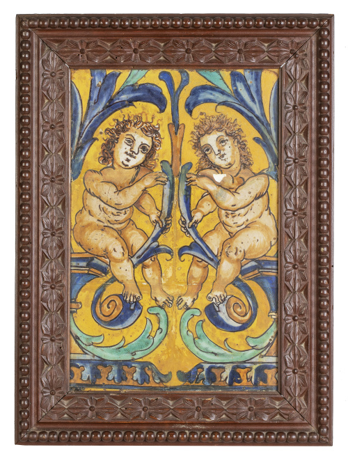Panel de seis azulejos de cerámica esmaltada, con dos niños