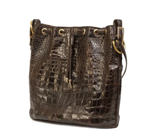 Gran bolso de cubo, piel de cocodrilo marron, 