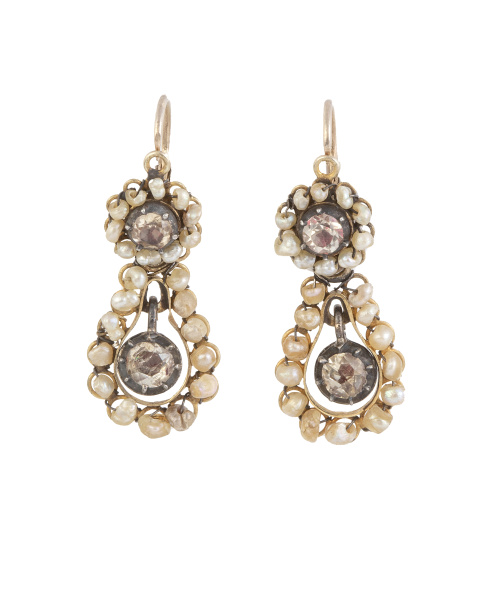 Pendientes largos S. XIX desmontables con rosetón y gota co