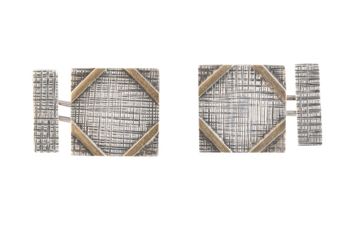 Gemelos Art-Decó con cuadrados y rectangulos en plata oxida