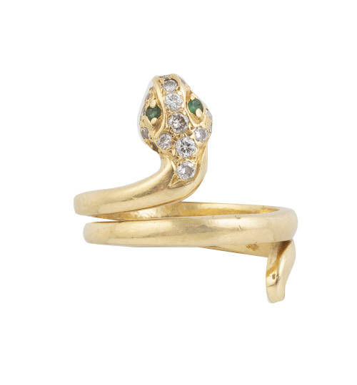 Sortija serpiente de pp. S. XX con diamantes y esmeraldas d