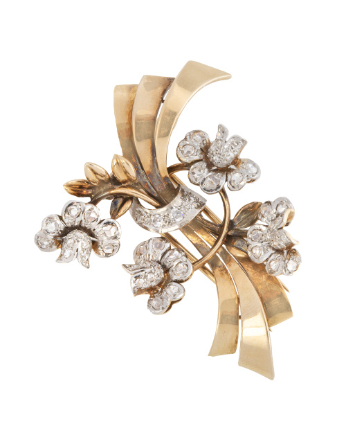 Broche años 30 de diamantes con diseño de ramo de flores