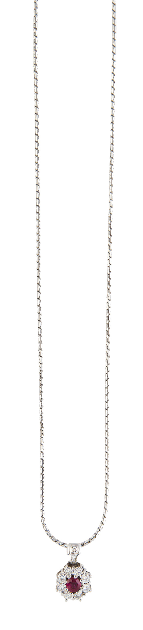 Colgante de con rubí central y rosetón de brillantes con ca