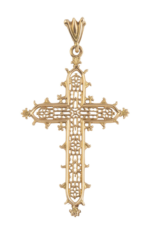Cruz colgante francesa de pp. S. XX con decoración calada
