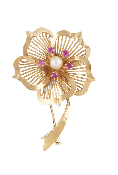 Broche flor chevalière francés con perla central orlada rub