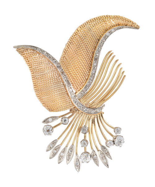 Broche años 50 con diseño de ramo adornado con plumas reali