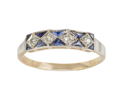 Sortija Art-Decó con cuatro diamantes y zafiros talla trian