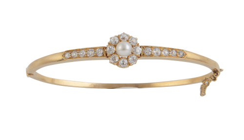 Pulsera rígida c.1880 con rosetón de perla central orlada d