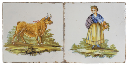 Dama con cesto y toro.Dos azulejos de cerámica esmaltada.