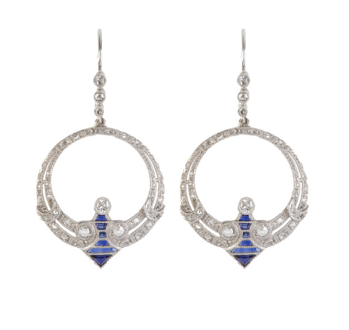 Pendientes estilo Art-Decó de diamante y zafiros con diseño