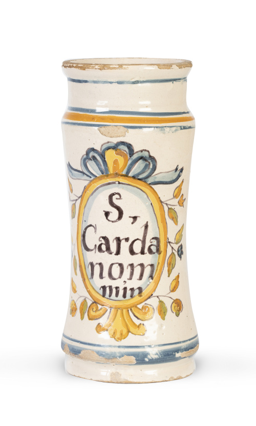 Bote de cerámica esmaltada en ocre, azul y manganeso, de la