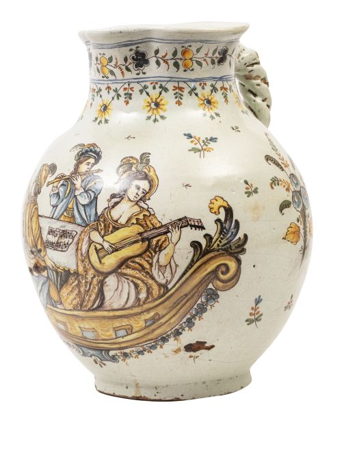 Jarro de bola de cerámica esmaltada, con escena de músicos 