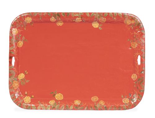 Bandeja con asas de latón pintado de rojo con flores amaril