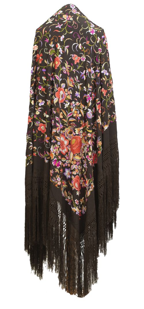 Mantón de "Manila" en seda marrón bordado en hilos de color