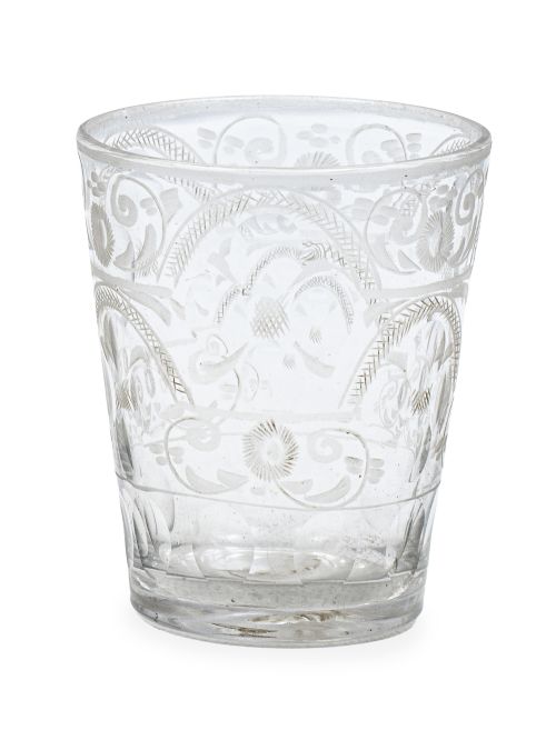 Vaso troncocónico de vidrio transparente con decoración gra