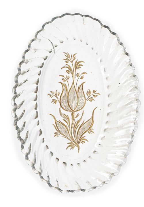 Bandeja oval de vidrio transparente con decoración floral e