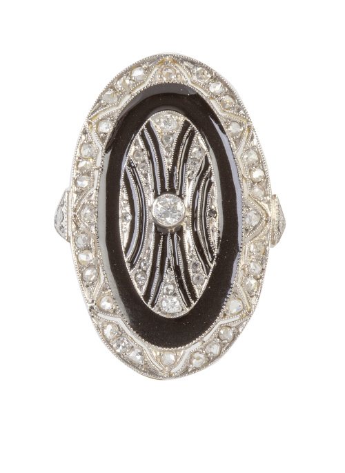Sortija lanzadera oval estilo Art-Decó, con decoración de e