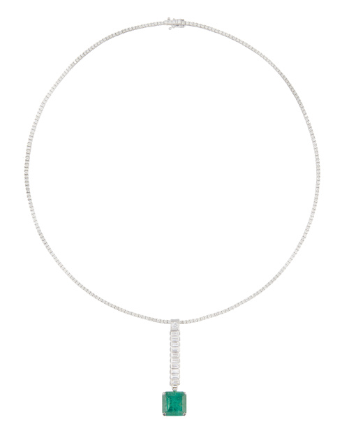 Collar de brillantes y esmeralda, con diseño de rivière com