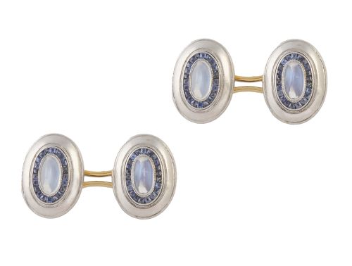 Gemelos dobles Art Decó ovales con cabuchónes pan de azucar