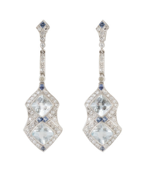 Pendientes largos estilo Art-Decó de brillantes, con dos ag
