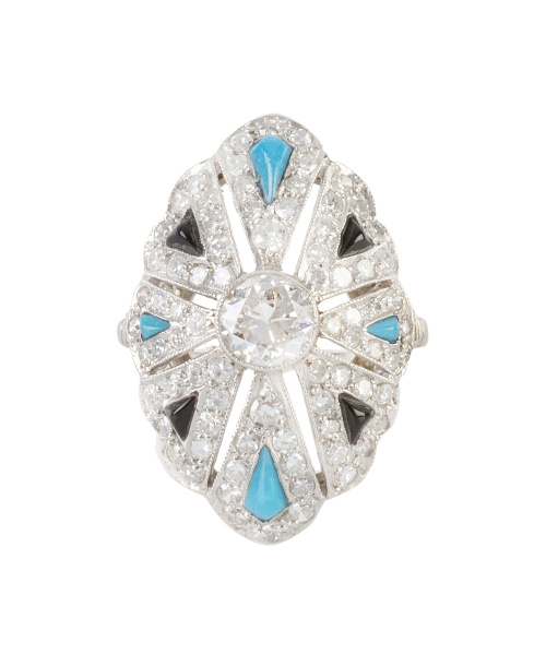 Sortija lanzadera estilo Art-Decó de brillantes, turquesas 