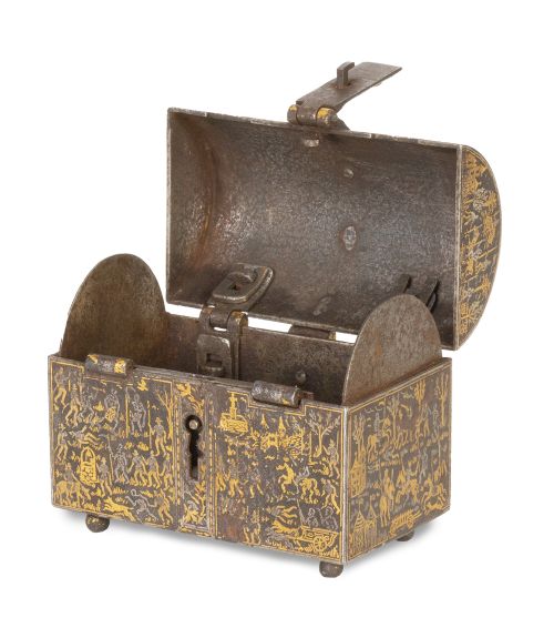 Caja de caudales de hierro y acero con trabajo de damasquin