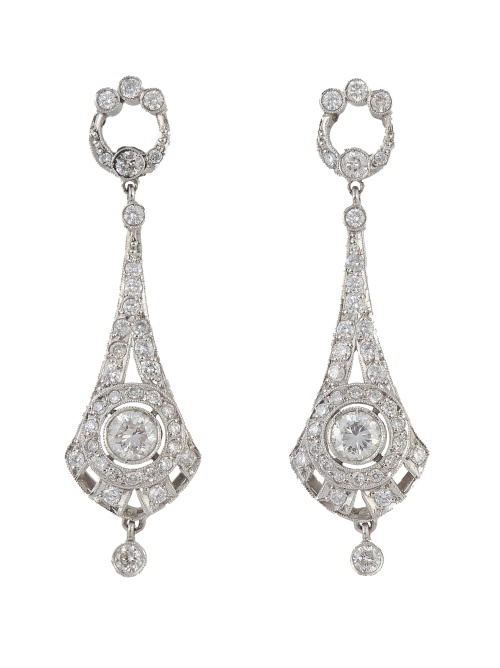 Pendientes largos estilo Art-Decó de brillantes, con diseño