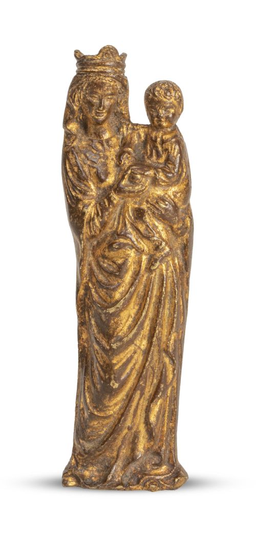 Virgen con el Niño neogótica de bronce dorado.S. XIX.