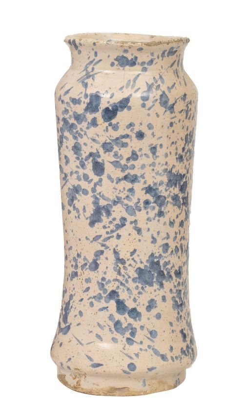 Albarelo jaspeado o esponjado esmaltado en azul de cobalto.