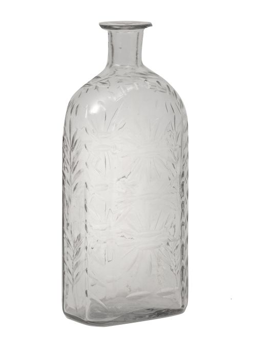 Frasca de vidrio transparente soplado a molde con decoració