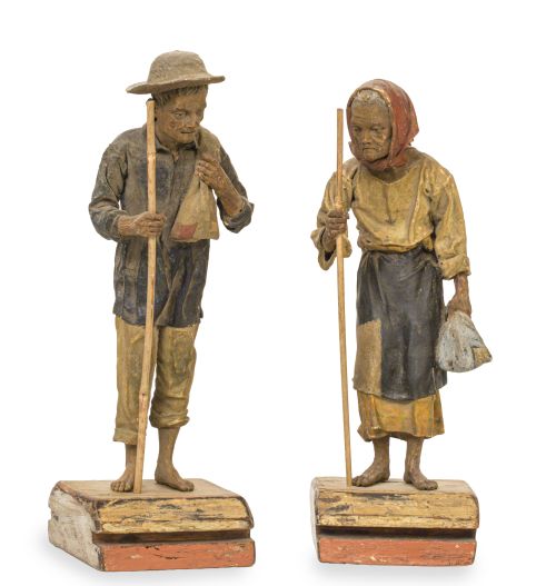 Pareja de campesinos ancianos.Figuras de pasta policromad