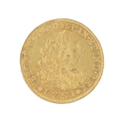 Moneda de 8 escudos de Fernando VI en oro. 1751. Lima. LM