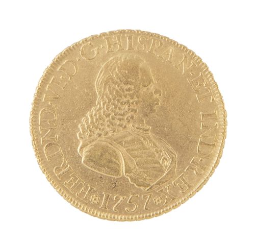 Moneda de 8 escudos de Fernando VI en oro. 1757 . Nuevo Rei