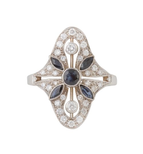 Sortija lanzadera estilo Art-Decó de brillantes con flor ce