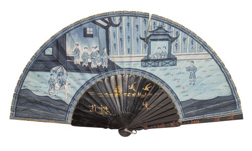 Abanico con varillas de madera lacada y país pintado con pe