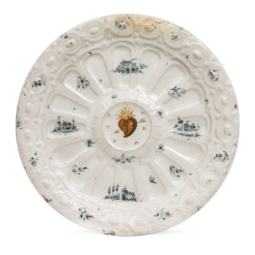 Plato de cerámica esmaltada con el Sagrado Corazón y vistas