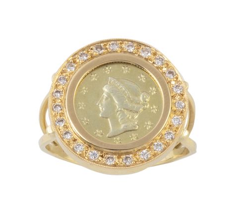 Sortija con moneda dolar de 1853 con cabeza de Liberty en m