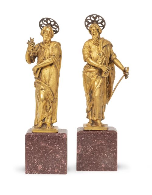 San Pedro y San Pablo.Par de figuras de bronce dorado sob